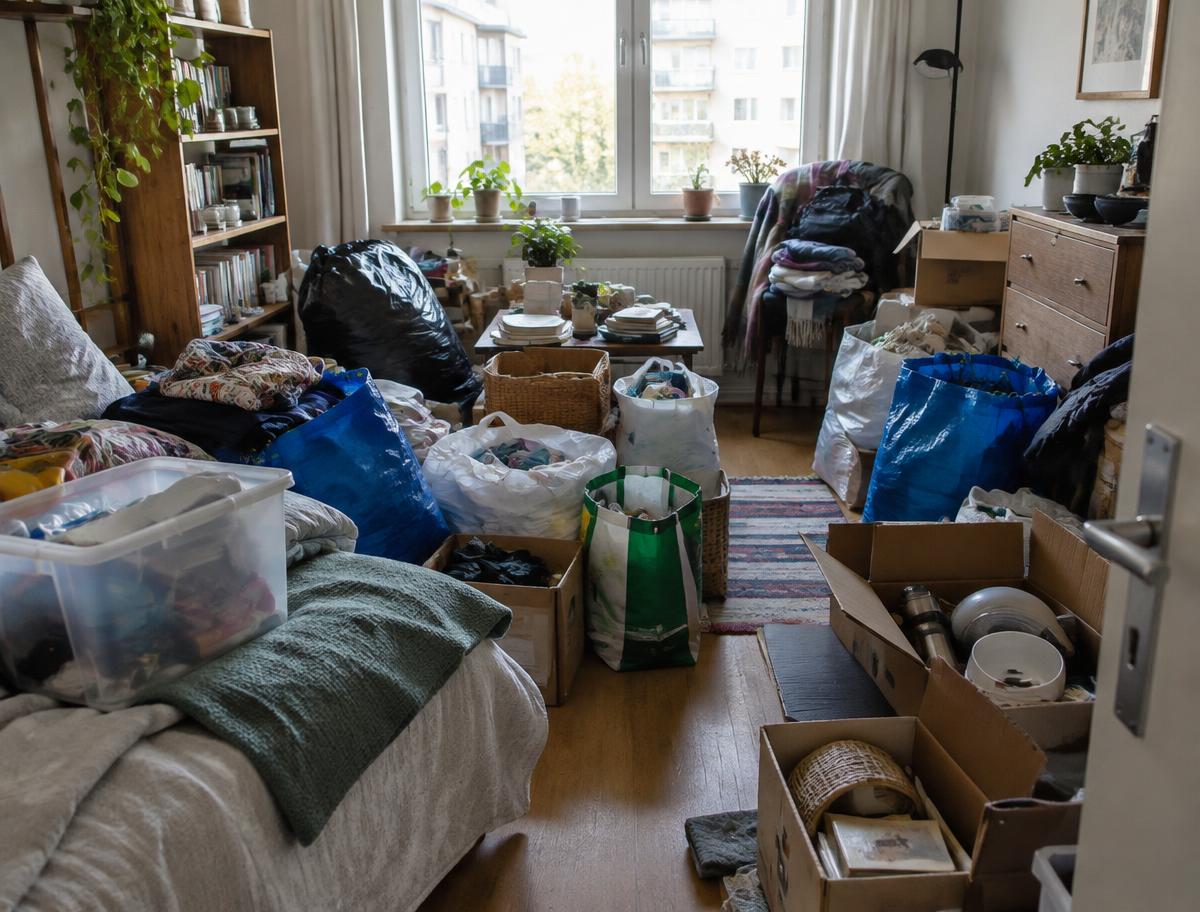 Stark vollgestelltes Zimmer mit Taschen und Kartons