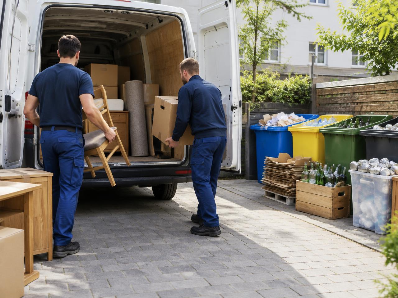 Möbel und Kartons werden sortiert auf einen Transporter verladen, daneben getrennte Abfälle