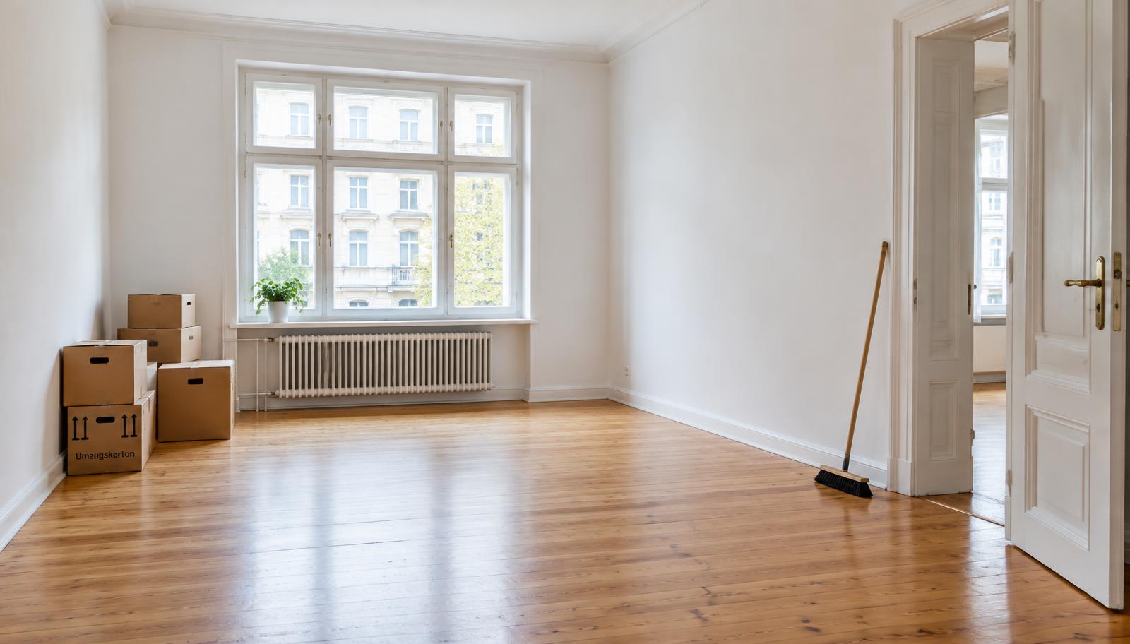 Leere, besenreine Altbauwohnung mit Holzboden nach der Räumung